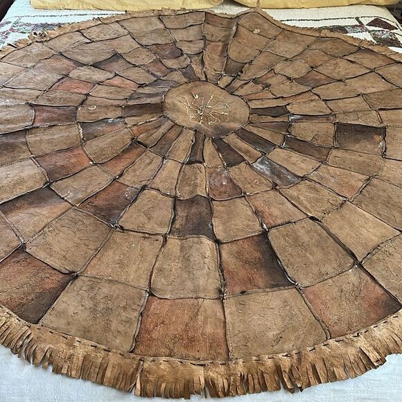 Leather Cowhide Patchwork Circular Rug Brown and Black - Picture 11 of 15